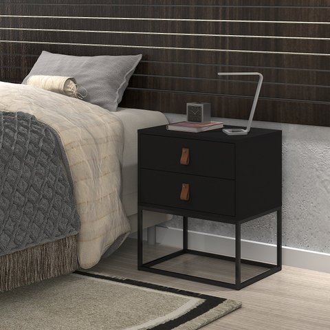Conjunto 2 Criados Estilo Industrial com Puxadores de Couro