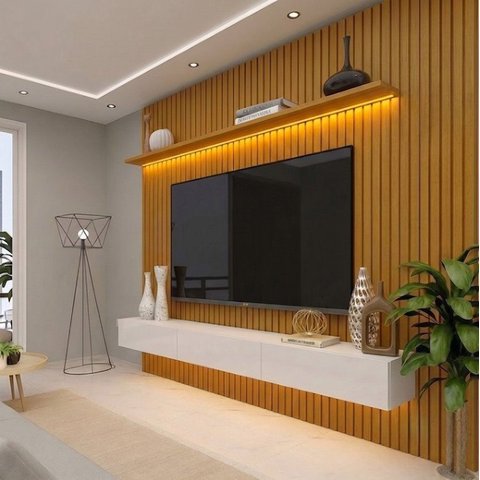 Rack com Painel para TV até 90 Polegadas Ripado com LED e 3 Gavetas 100% MDF 250CMX280CM Marrom
