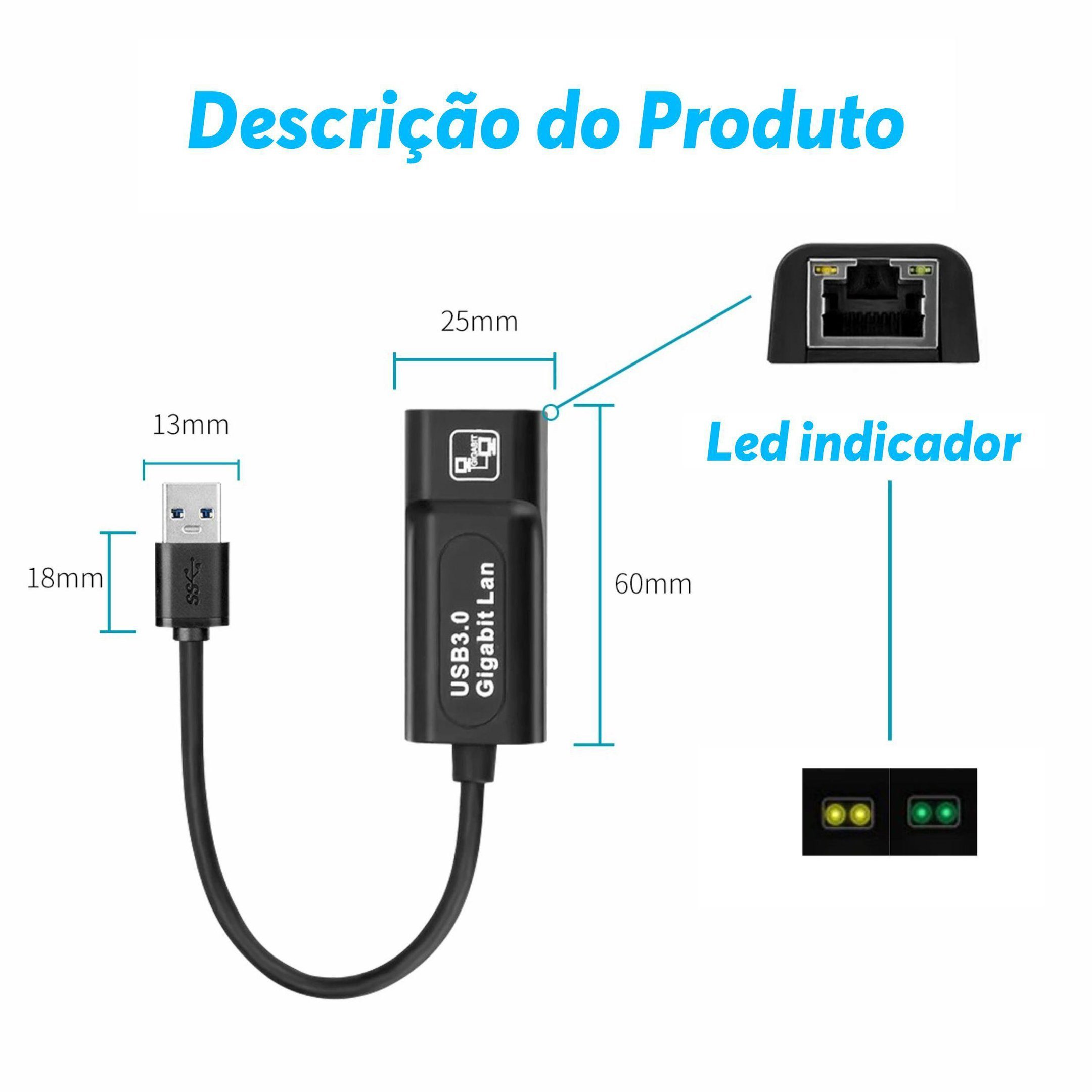 Adaptador Placa De Rede Rj45 Ethernet Usb 3.0 Rj45 1000Mbps - 5