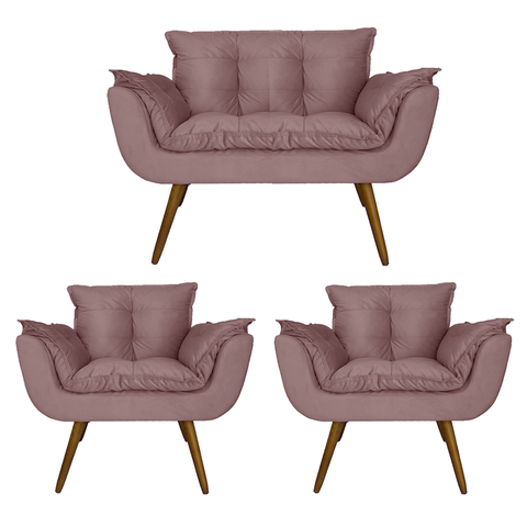 Combo Namoradeira e 2 Poltronas Estofadas Salão de Beleza Opala Suede Rosê - LM DECOR