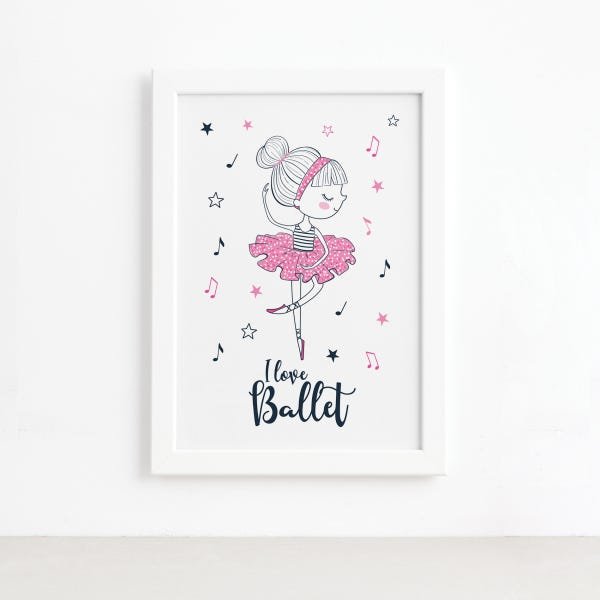 Quadro Bailarina Frase I Love Ballet Moldura Branca 22x32cm - 2