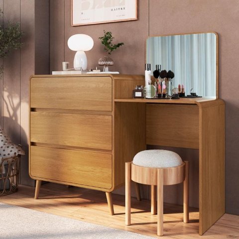 Cômoda Penteadeira Curve 3 Gavetas com Espelho MDF-MDP Amadeirado Dalla Costa Móveis 134.8cm