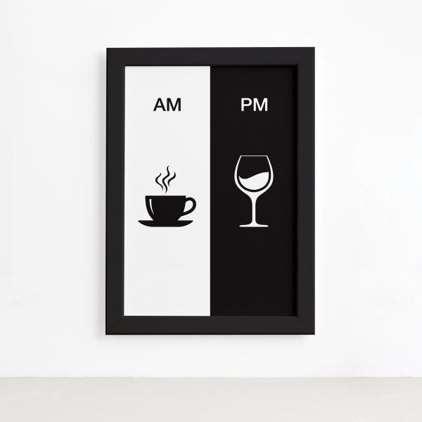 Quadro Vinho e Café AM/PM Minimalista Moldura Preta 33x43cm