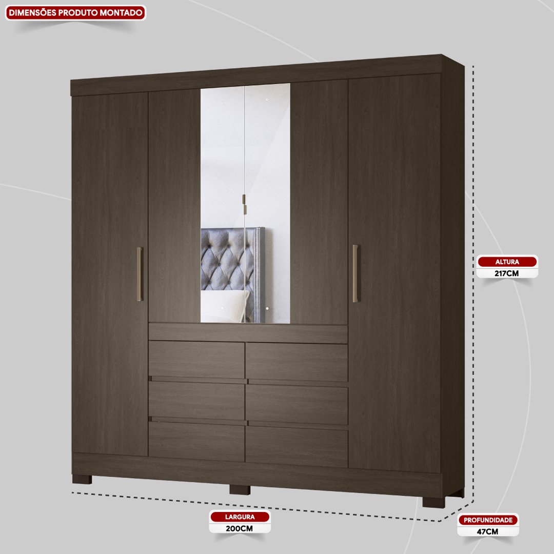 Guarda Roupa Casal 4 Portas com Espelho e 6 Gavetas Cádis - Ébano Touch - 2