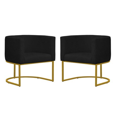 Kit 2 Poltronas Reforçada Decorativa Sala Estar Jantar Gabriela Base Ferro Dourado Suede Preto