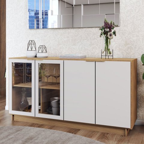 Balcão Buffet Spazio 4 Portas com Vidro Freijó/off White - Panorama Móveis