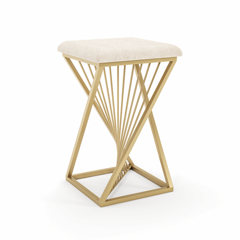 Banqueta Pacific Baixa 48cm em Metal Dourado Luxo com Assento Estofado Bege