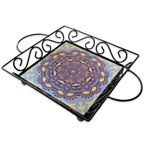 Fruteira de Mesa Bandeja Ferro e Azulejo Quadrada Premium Cozinha Azulejo G6