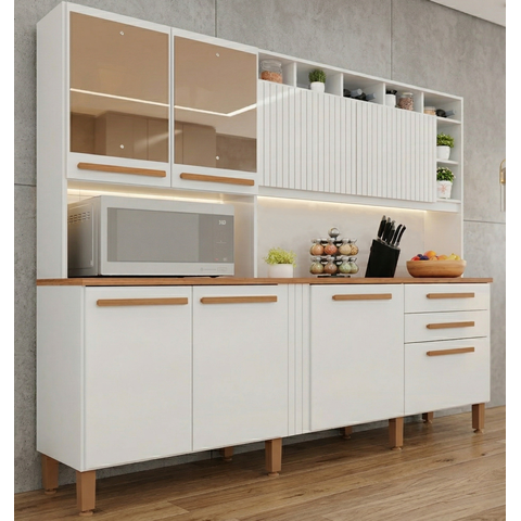 Cozinha Compacta em MDP 8 Portas 2 Gavetas Millena com Vidro Reflecta Yescasa Branco