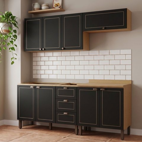 Cozinha Modulada 4 Peças 2 Aéreos e 2 Balcões Conecta Frise Yescasa Cinamomo/Preto