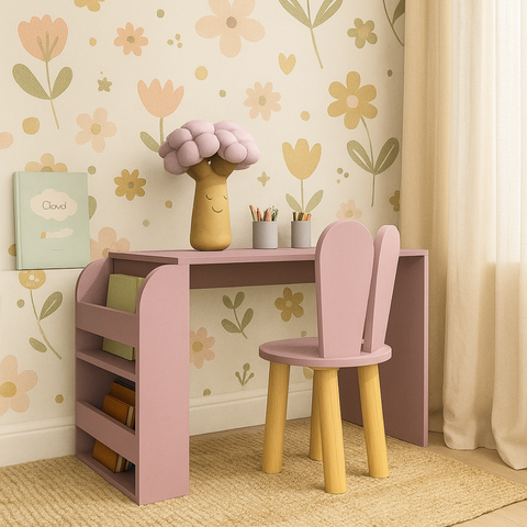 Mesa Infantil 80cm com Suporte para Livros e 1 Cadeira em Mdf e Madeira Natural:lavanda