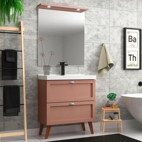 Gabinete para Banheiro com Cuba e Espelheira 80cm Retro Mdf Rosa Milano - On Móveis