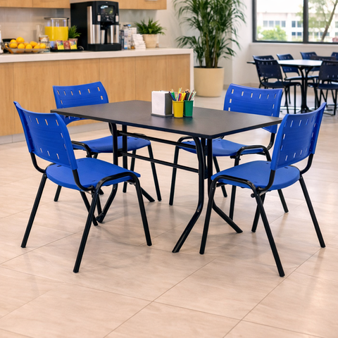 Jogo Mesa 1,20x70 Preta para Sorveterias e Restaurantes com 4 Cadeiras Iso Azul