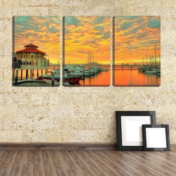 Quadro canvas 68x126 sol dourado no cais com barcos - 2