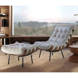 Poltrona Sala Estar Decorativa Costela de Adão com Puff Luxo: Poltrona Costela Linho Cru - 3
