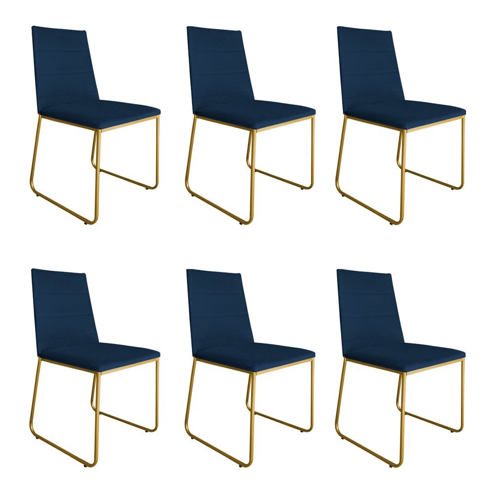 Kit 6 Cadeiras de Jantar Estofada Lille Base Gold Veludo Azul Marinho - Montanaris Decor - 1