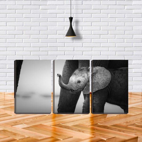 Quadro canvas 55x110 pequeno elefante perto da mãe pb - 2