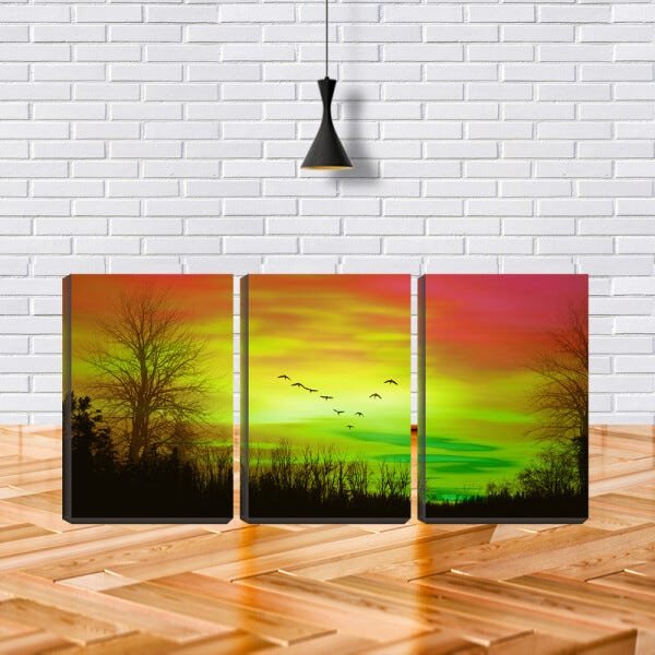 Quadro canvas 55x110 pássaros sob céu laranja desenho - 2