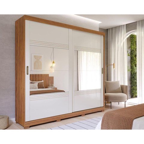 Guarda Roupa Casal 2 Portas de Correr e 4 Gavetas Ec/ 2 Espelhos e Pés Blumenau Cinamomo/off White