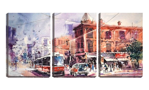 Quadro canvas 30x66 arte bondinho na cidade - 1