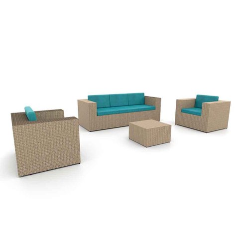 Conjunto de Sofá Fibra Sintética Taipa Quadrado - 1 Sofá 3L + 2 Poltronas + 1 Mesa Centro - Tecido E