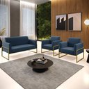 Ver imagem 2 de Sofá Namoradeira com 2 Poltronas Base Industrial Alta Dourado Marisa Suede Azul Marinho D03 - D'ross