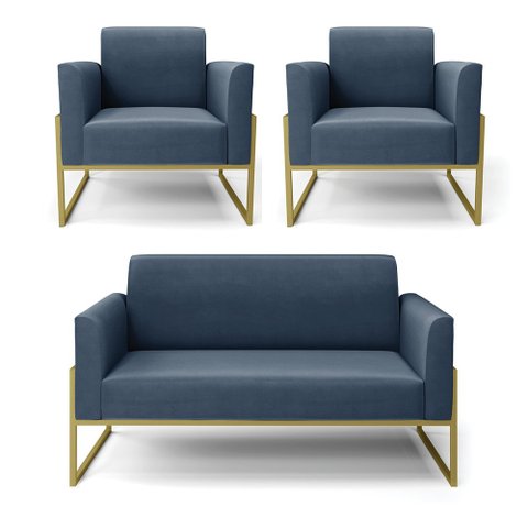 Sofá Namoradeira com 2 Poltronas Base Industrial Alta Dourado Marisa Suede Azul Marinho D03 - D'ross