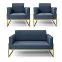 Ver imagem 1 de Sofá Namoradeira com 2 Poltronas Base Industrial Alta Dourado Marisa Suede Azul Marinho D03 - D'ross