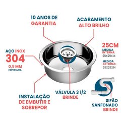 Cuba Redonda Cozinha 25 Cm Aço Inox 304 com Válvula e Sifão - 2