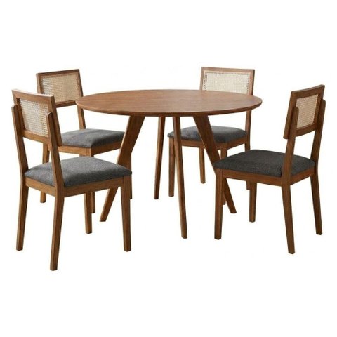 Mesa de Jantar Redonda Acerola com 4 Cadeiras Estofadas Palmas Linho Grafite Ornar