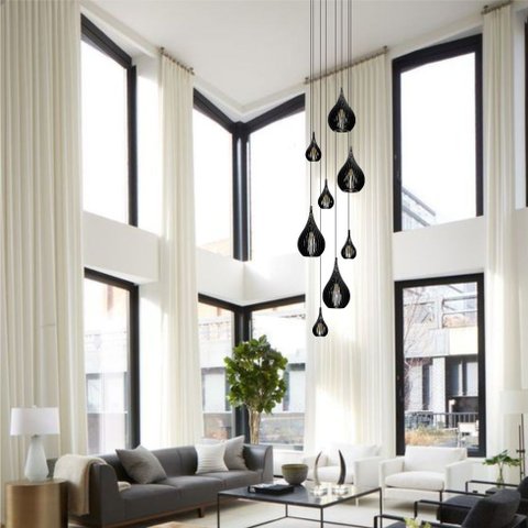 Lustre Pendente para Sala Pé Direito Duplo Rain Preto