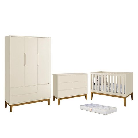 Dormitório Completo Infantil Classic 3 Portas, Cômoda 6 Gavetas, Berço Areia Fosco com Pés