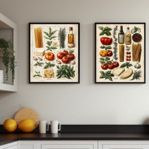 Kit 2 Quadros Cozinha Italiana Vintage - Ingredientes 24x18cm:moldura Preta