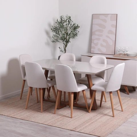 Conjunto de Jantar Mesa Retangular com Vidro Bennett 6 Cadeiras New Drop - Natural C/ Bege