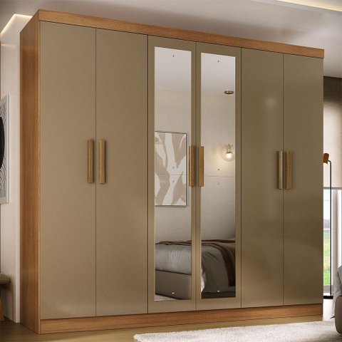 Guarda-roupa Solteiro Lancaster 6 Portas 3 Gavetas 100% Mdf com Espelho Cinamomo/cappuccino - Panora