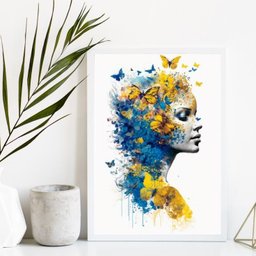 Quadro Decorativo Mulher Borboletas Azul e Amarelo 33x24cm - com Vidro:madeira Branca - 2