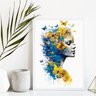 Quadro Decorativo Mulher Borboletas Azul e Amarelo 33x24cm - com Vidro:madeira Branca - 2