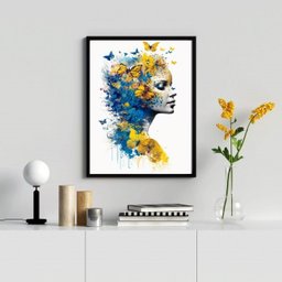 Quadro Decorativo Mulher Borboletas Azul e Amarelo 33x24cm - com Vidro:madeira Branca - 1