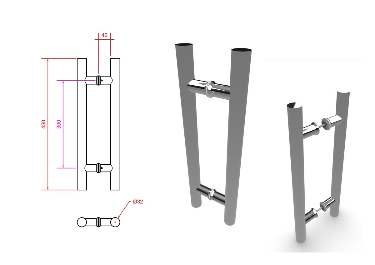 Puxador para Porta Pivotante Tubular H de 45cm Aço Inox - 7