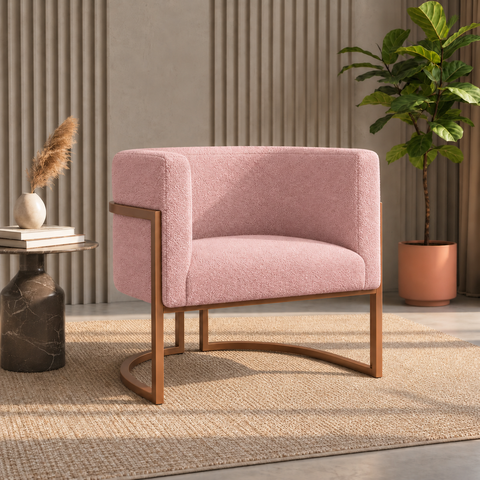 Poltrona Decorativa Luna Bouclé Premium para Sala Escritório Recepção Base Circular em Ferro Madeira