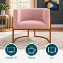 Ver imagem 3 de Poltrona Decorativa Luna Bouclé Premium para Sala Escritório Recepção Base Circular em Ferro Madeira