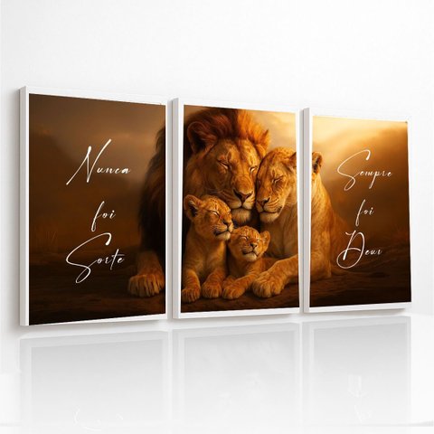 Kit 3 Quadros Decoração Grande Nunca Foi Sorte Família Leão para Sala Quarto com Moldura 40x60cm