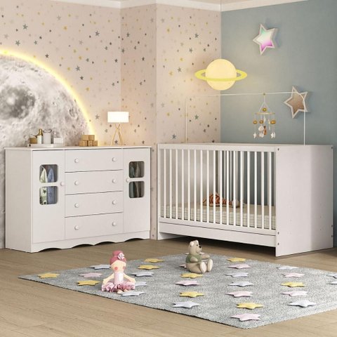 Berço 3 em 1 para Colchão 130x60cm com Cômoda 2 Portas 4 Gavetas Serena Multimóveis Mp4749