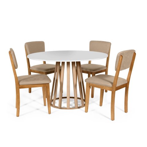 Mesa de Jantar Redonda Gabi Bran/jade com 4 Cadeiras Estofadas Ella Bege