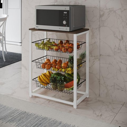 Fruteira com Suporte para Micro-ondas Barcelona Aço Branco Cesto Preto Tampo Amêndoa - Cor: Marrom