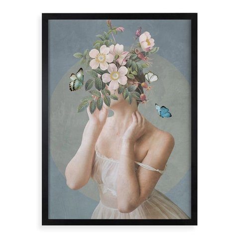 Quadro Decorativo Mulher Flores - Desabroche 24x18cm:moldura Preta
