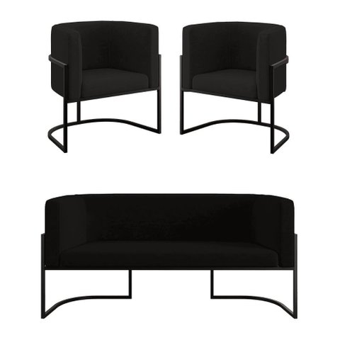 Kit 2 Poltronas Sofá 2 Lugares para Recepção Balaqui Preto