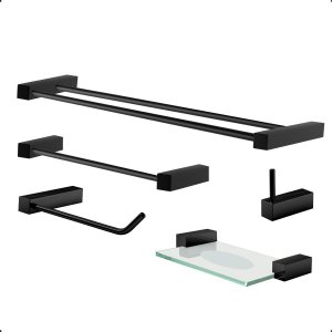 Kit de Acessórios para Banheiro Duplo 5 Peças Suporte  Grego Metal Preto Fosco Acetinado Troia