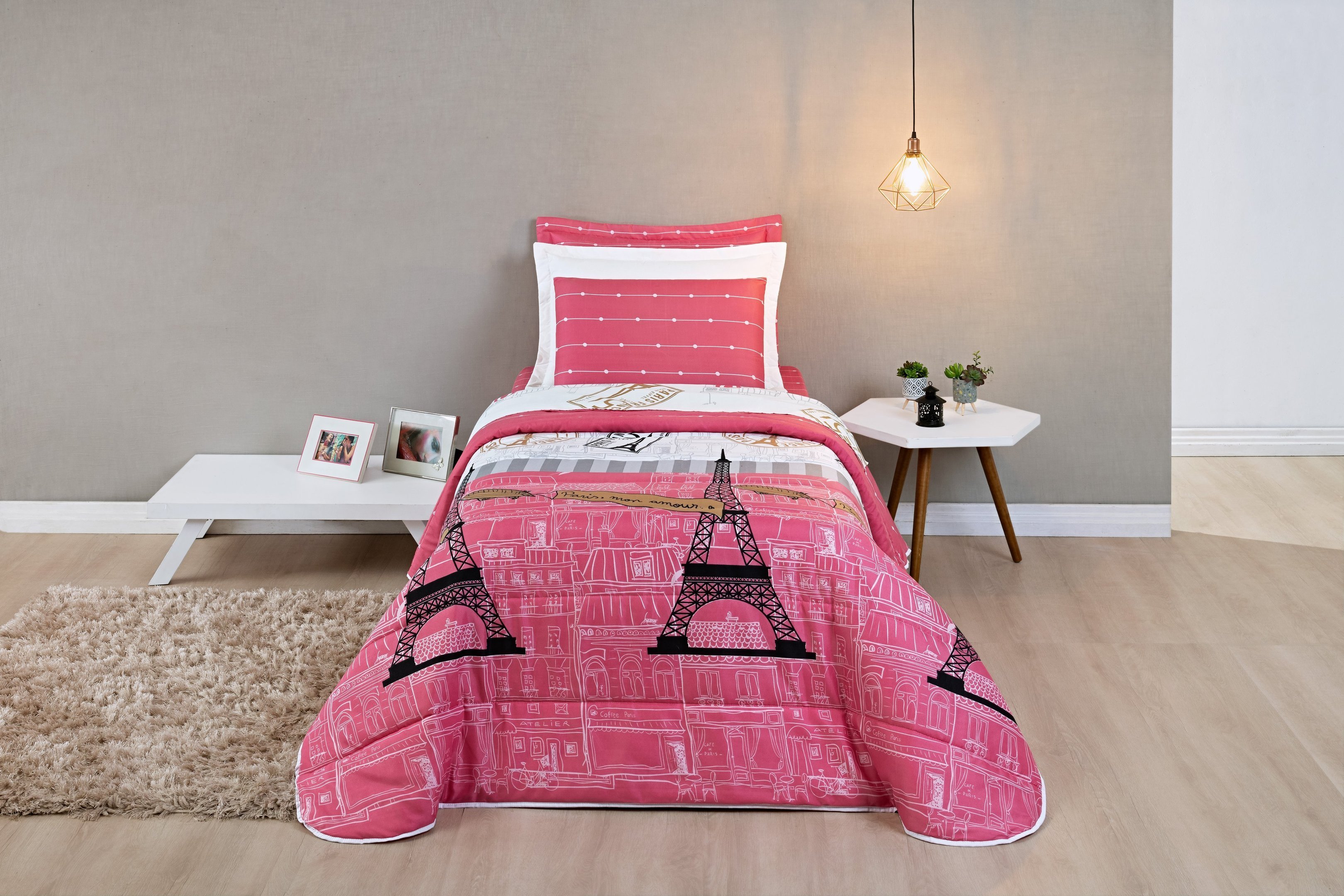 Colcha cobre-leito com capa travesseiro cama solteiro micro percal 200 fios rosa - 3