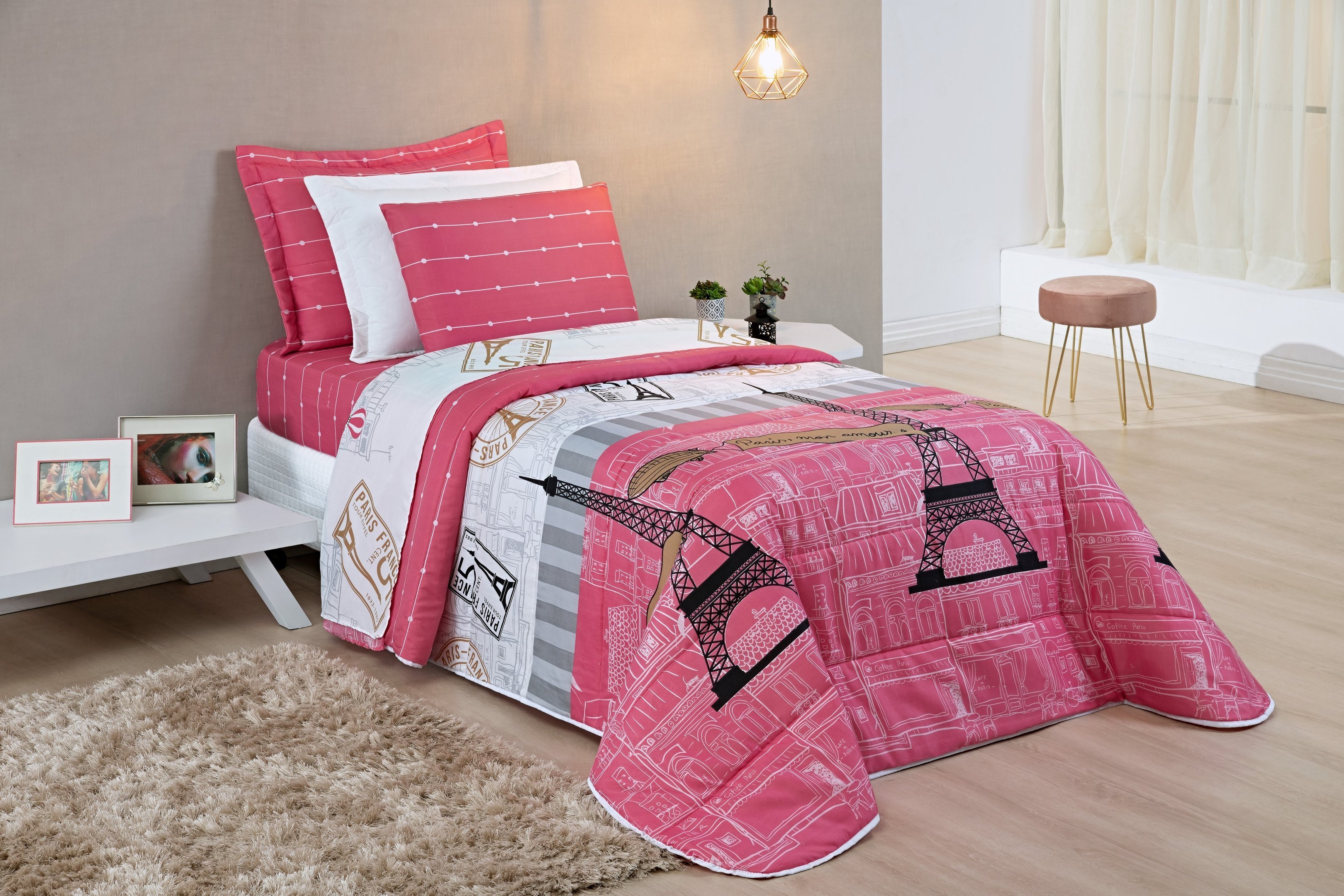 Colcha cobre-leito com capa travesseiro cama solteiro micro percal 200 fios rosa - 2